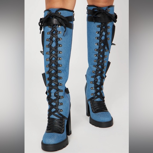 FASHIONNOVA Blue/Black Denim Baddie Alert Over The Knee Boots - Picture 3 of 4